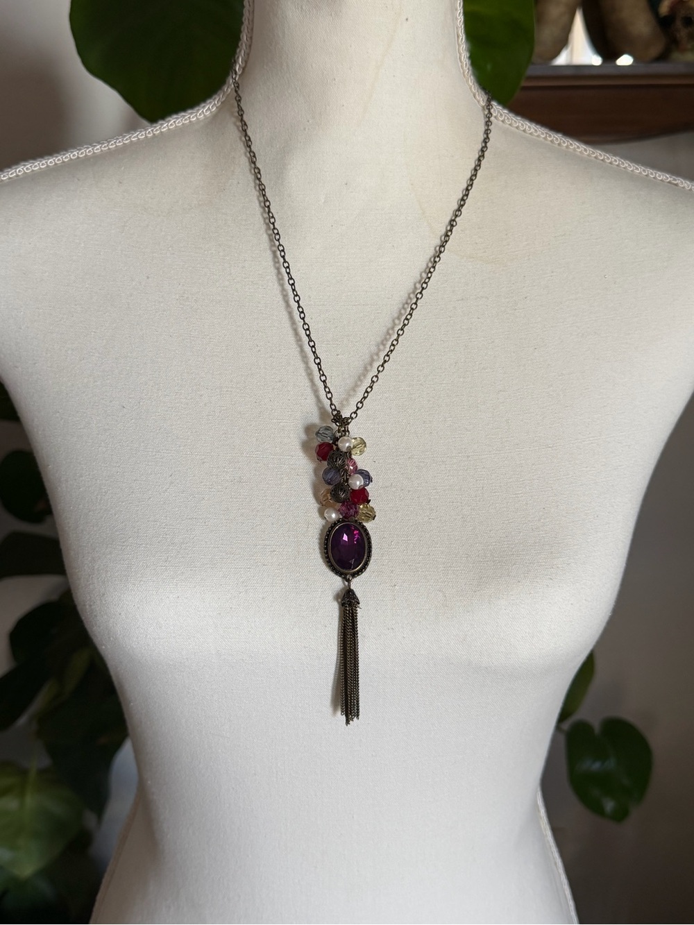 Vintage Purple Pendant Multi-Color Beads & Bronze Tassels Necklace